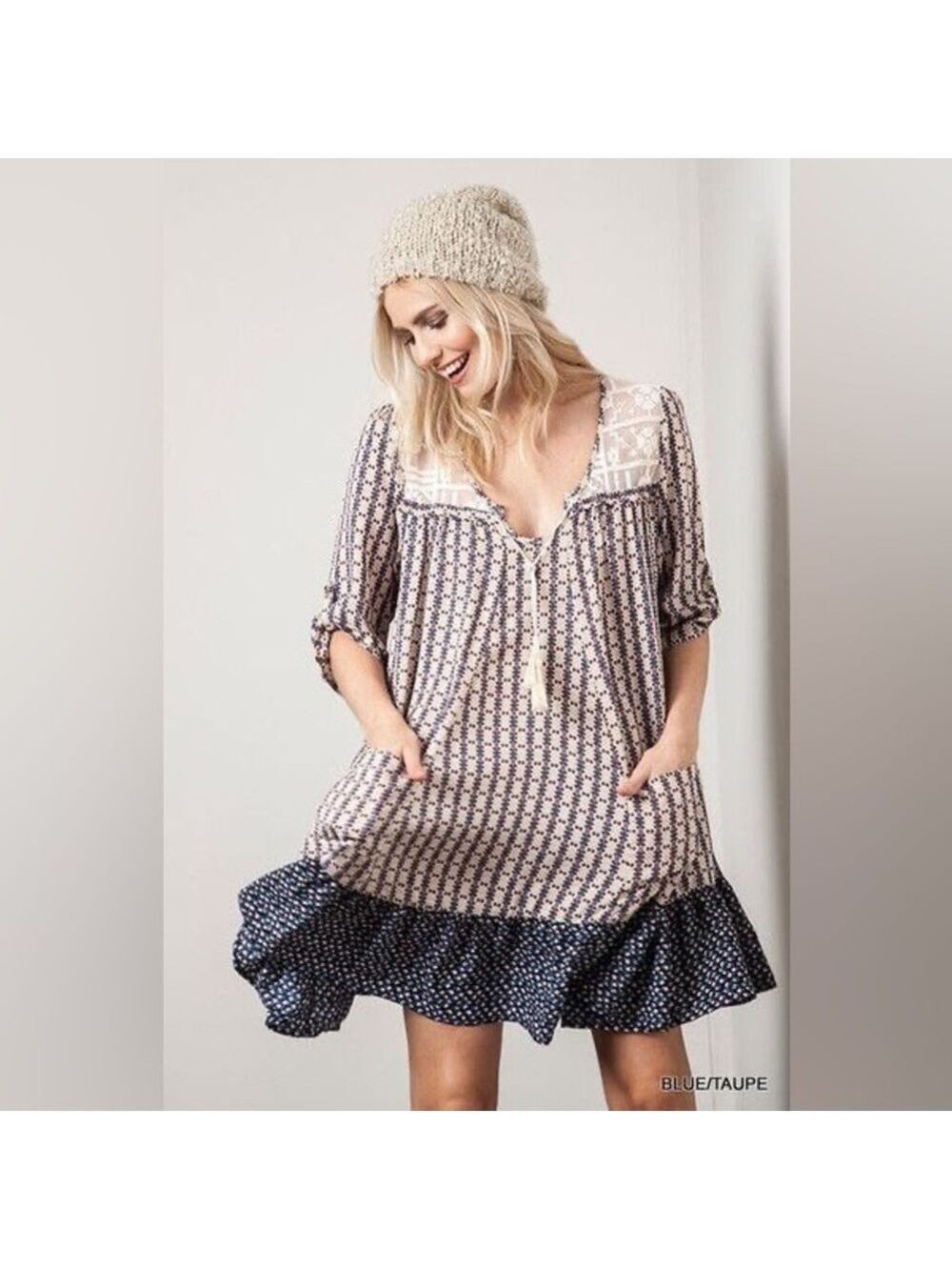 Umgee Boho Mixed Print Floral Tunic Dress XL Lace Crochet Tassel Trim